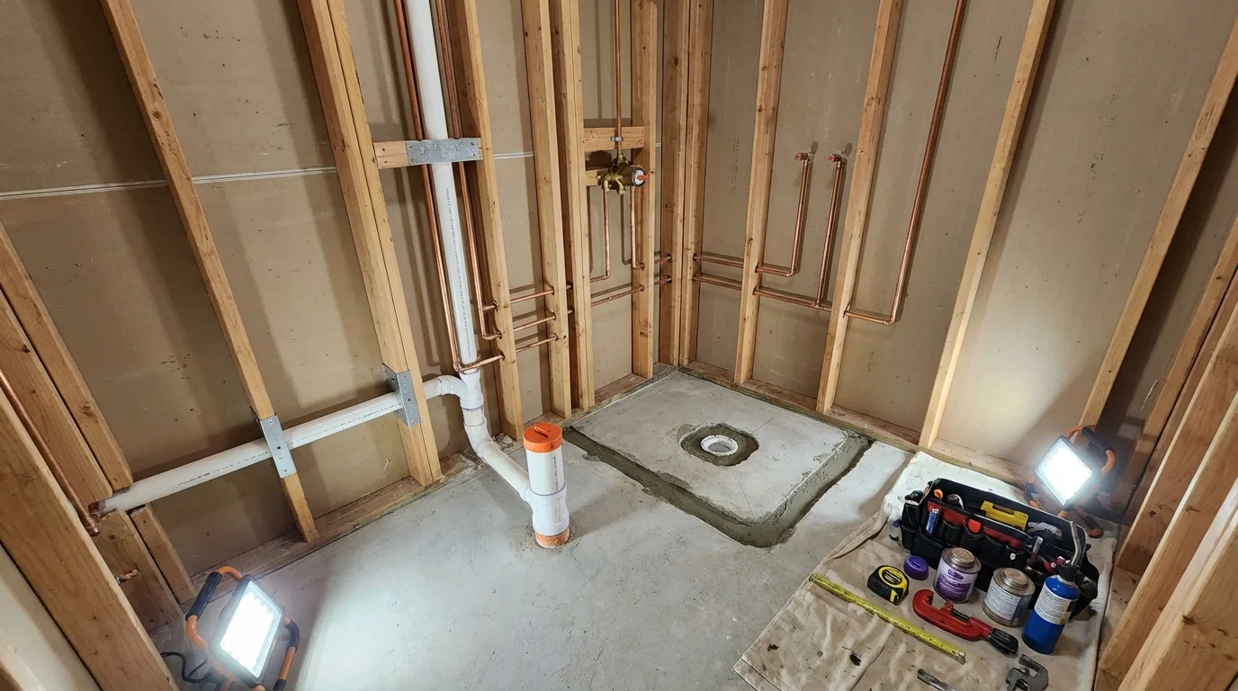 Bathroom rough-in plumbing during remodel by Johns Plumbing LLC in Elbridge