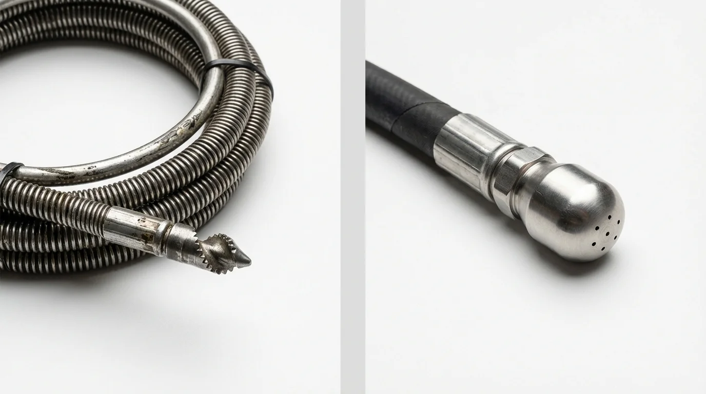 Drain snake cable and hydro jetting nozzle used for drain cleaning in Elbridge, NY