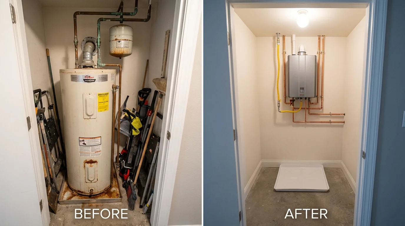 Tank water heater versus wall-mounted tankless unit comparison for Elbridge, NY homeowners