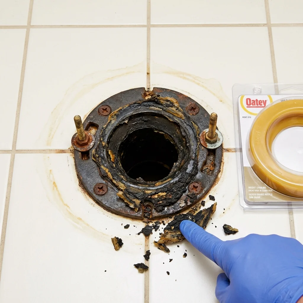 Failed wax ring showing water seepage at the base of a toilet in a Elbridge, NY home